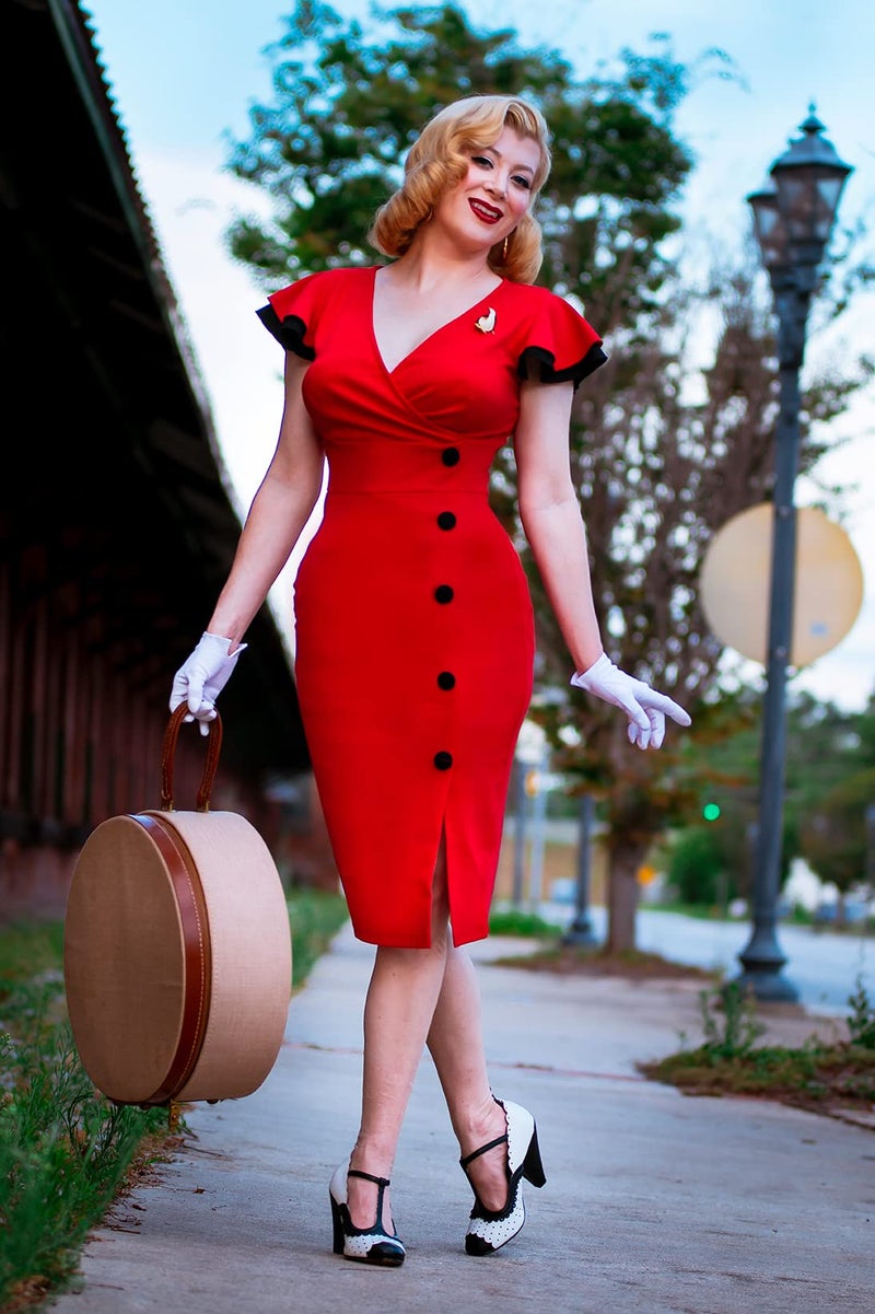 Miusol Women's Navy Style Deep-V Neck Vintage Evening Pencil Dress(Large,Red) - Image 4